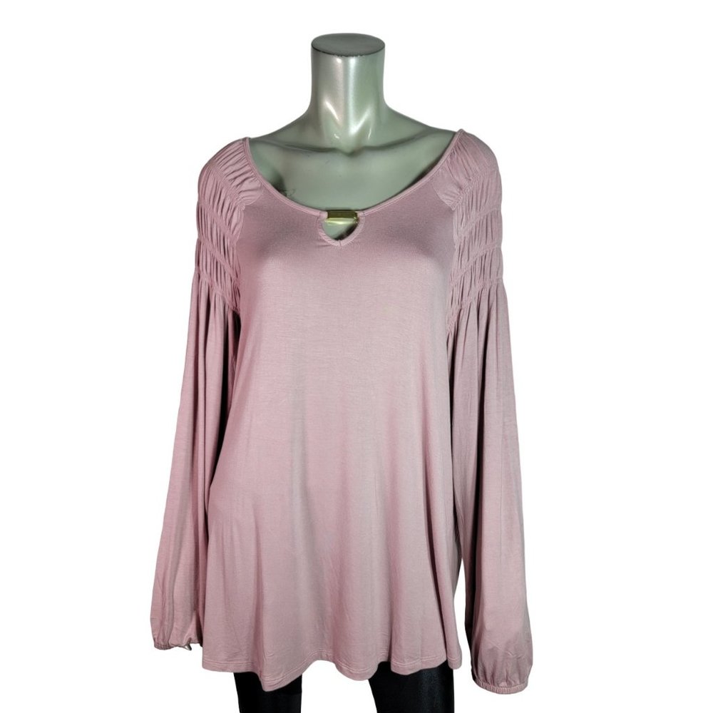 Massini Top Plus Size 3X Princess Sleeve Rouched‎ Shoulder Knit Stretch Pink